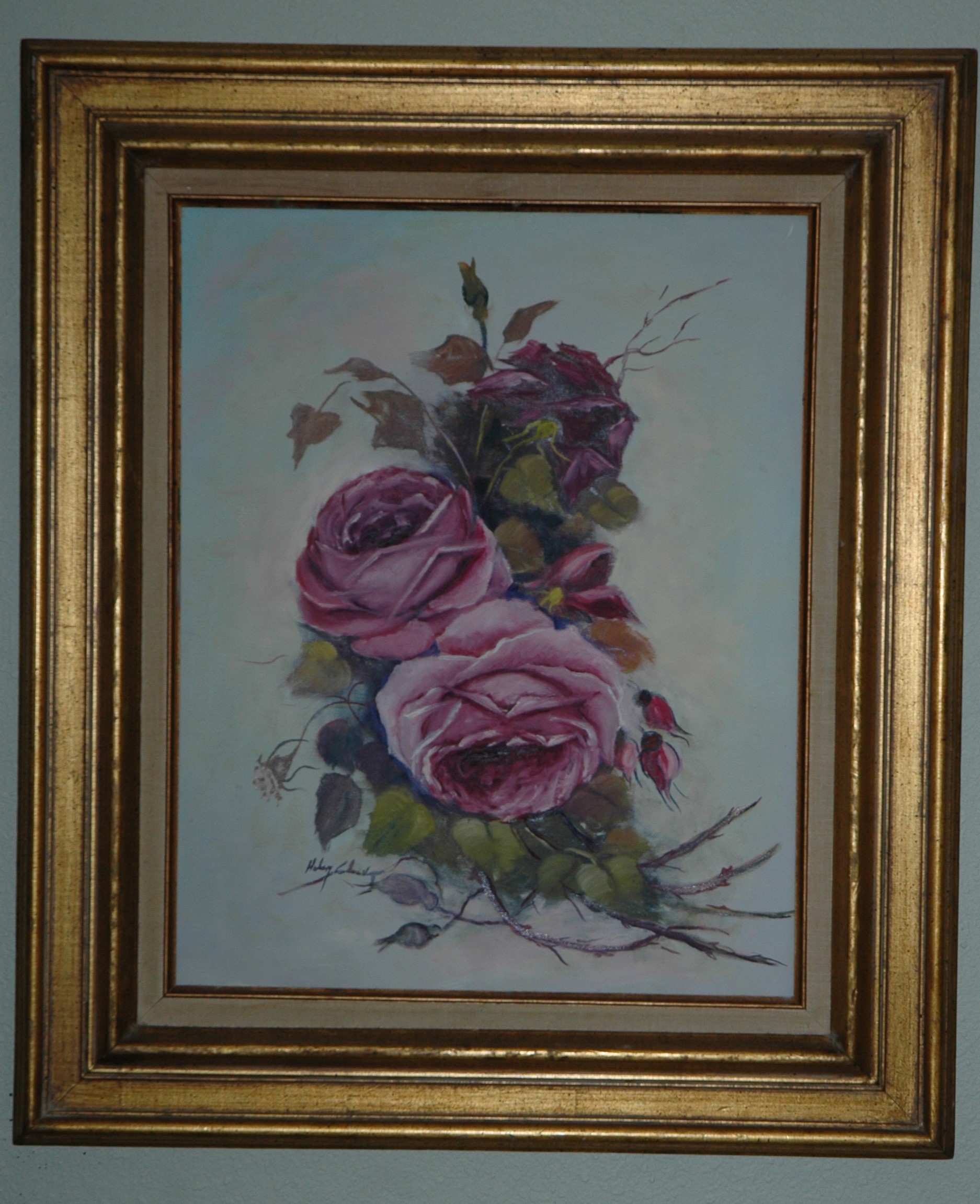Pink Roses in a Gold Frame By Hellen Cleaver