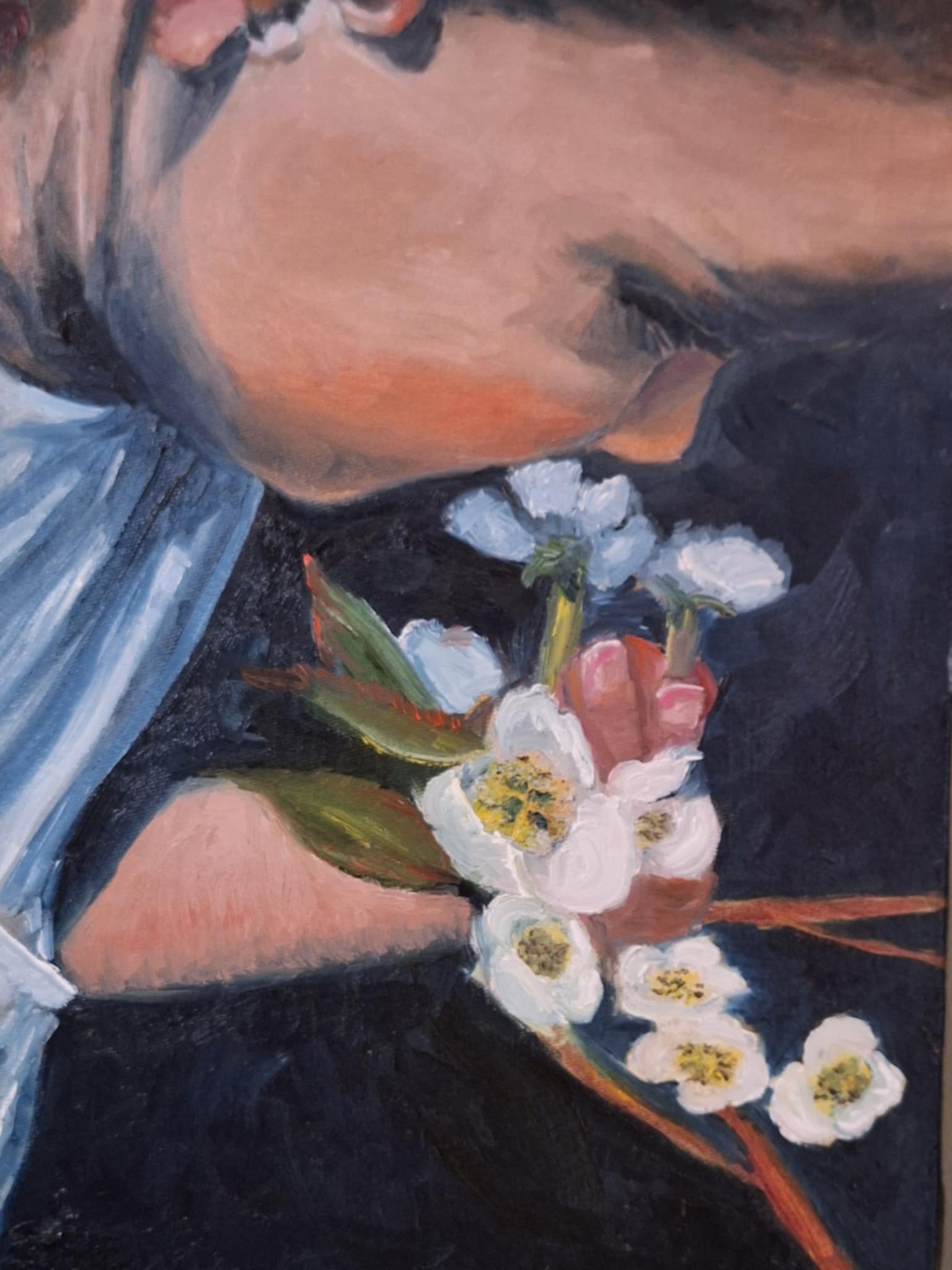 A painting of someone smelling flowers by Gail C. Chandler