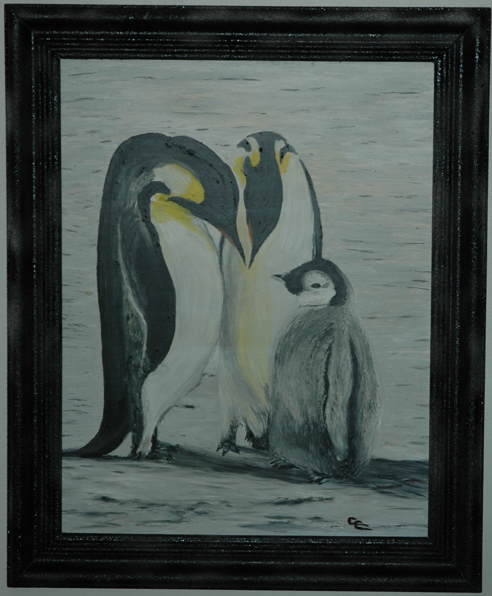 King Penguin Family 17.5 by 22 inches oil paintings(board). By Gail C. Chandler.